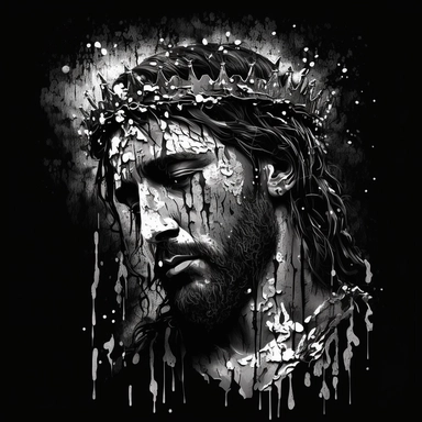 Black and white clipart illustration, full body portrait, Jesus on cross wearing thorn crown, dramatic black background, sadness, crying, tears, raining, sombre mood