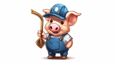 2d simple flat shaded, clipart, illustration of a cartoon pig, wearing a wide brimmed straw hat, wearing a farmers bib overalls, holding an extra large cartoon axe