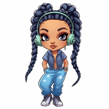 hip hop girl, wearing headphones, high heels, blue jeans, Coiled Bun, clipart, transparent, wearing jewelry, clip art, as a Inspired Chibi and Kawaii Style