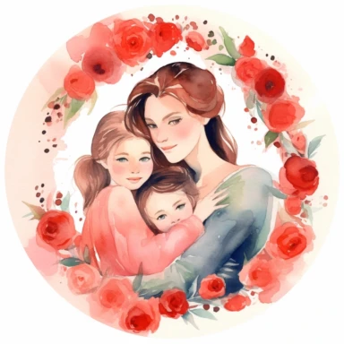 cute watercolor clipart with pale skinned older mom and adult childrens hugging echother in circle, beautiful, hight quality, pastel colors, white background, decorated with red roses