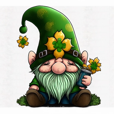1 year old St. Patrick's gnome cartoon style holding a beer glass in hand cute drawing, sharp and detailed design hat up to nose fully covering eyes neat white beard and detailed CLIPART