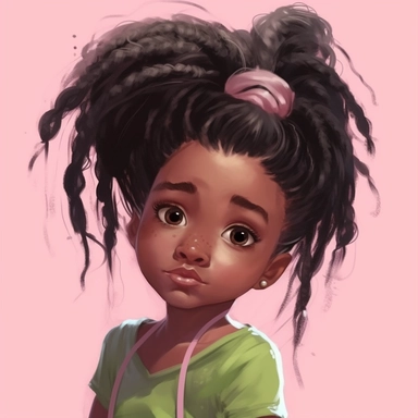 cute little american black girl, messy long pink modern hair, green eyes, face, portrait, different expressions, clipart, high resolution, sarah kay style,