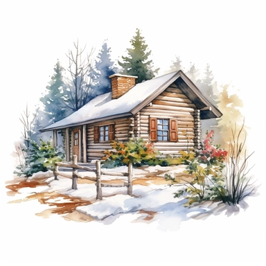 a log cabin in the woods with a garden. it is winter. on a white background. clipart. watercolour.