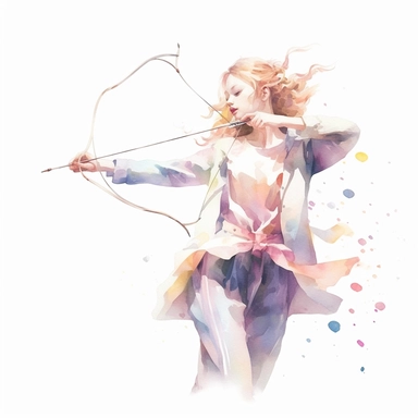Cute girl shooting arrows from bow, pastel colors, white background, fashion illustration, watercolor splash, clipart, by Jack Hughes