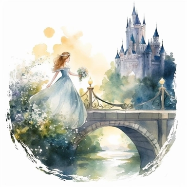 light watercolor wild castle and beauty girl in the moonlight in beautiful forest with bridges, roses, flowers,and lights realistic clipart on white background