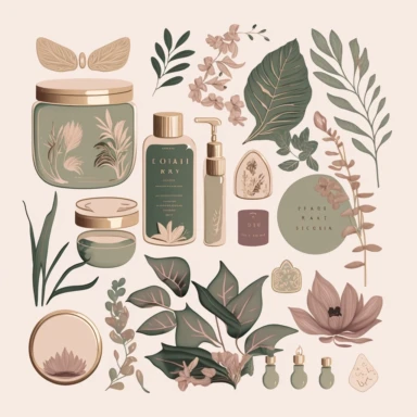 A collection of elegant aesthetic self care stickers including scented candles, hydration mask and Gua sha, home deco, plants, make up, lipstick, jewelry, sunglasses, and accessories in a boho dusty color palette, Svg, clipart, illustration, high resolution.