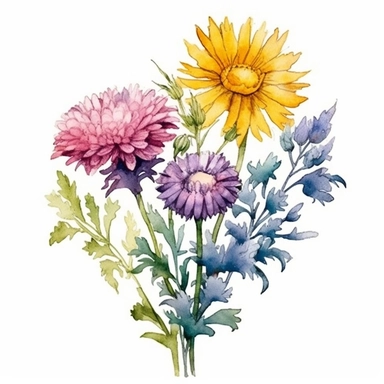 Create a heartwarming hand-drawn watercolor clip art image of a family gift niche adorned with birth flowers representing a family of four. Customize the image by selecting birth flowers for each family member: a January baby (Carnation), an April baby (Daisy), a September baby (Aster), and a November baby (Chrysanthemum). Add a personalized touch by including the family's names or initials within the niche, making it a cherished memento for generations to come.
