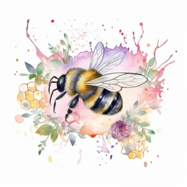 Watercolor illustration of a bee hive, a flying bee, add lavender and pink flowers with green leaves, add yellow and gold watercolor splash in the background, hd, white background, clipart--ar3.2--s1000
