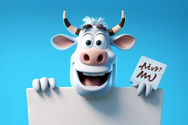 character cartoon cow with banner in clipart 3d image, in the style of unreal engine 5, natalia rak, movie still, matte photo, lightbox, relief, white and cyan