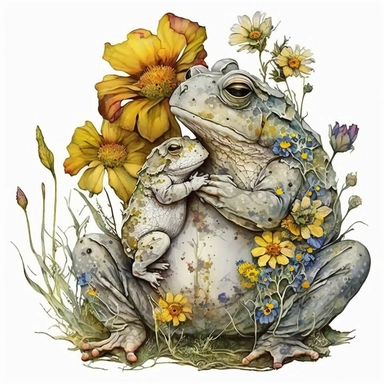 close-up-shot Gray Tree Frog-mom and her baby with sunflowers, wildflowers and relatable-flowers made into a heart-shape vintage in watercolor style clipart, use darker tones, higher saturation colors, watercolor clip art with splashes and drips, super creative watercolor, white background