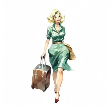 vintage pin up girl pulling luggage walking through airport, watercolor clipart
