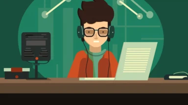 a youtube thumbnail showing a podcaster using a OBS software on his laptop to measure the noise his keyboard makes as he types on it. the podcaster is indian with specs and no facial hair. podcaster is speaking in a big mic. typing on a loud noisy usb mechanical keyboard. clipart style.