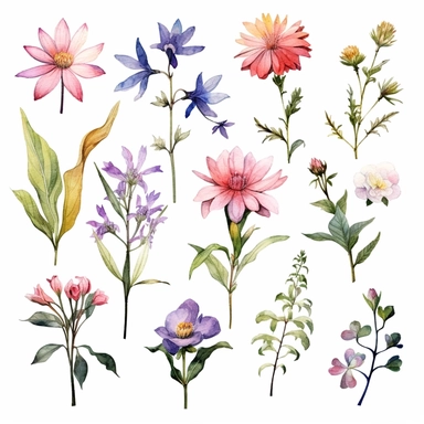 set of Birth Flower elements, isolated watercolor Clipart, watercolor illustrations, white background for removing background
