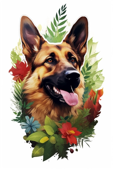 white background, dog, 3d, super closeup, sticker, photorealistic, artwork of t shirt graphic of majestic forest, in digital painting style , beautiful flowers, sunset mountains and clouds , big vines, plants sorround, highly detailed clean, vector image,
