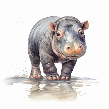 Safary baby hippopotamus animal, cute, full body, realist, scrapbook images, watercolor, clipart, white background, no watermark–no text fonts letters watermark words typography slogans signature