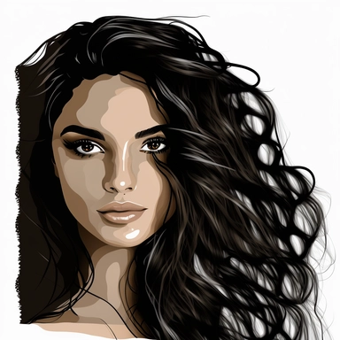 clipart. latina woman with long wavy hair. baby hairs. long eyelashes. glam makeup. hair covering one side of face.