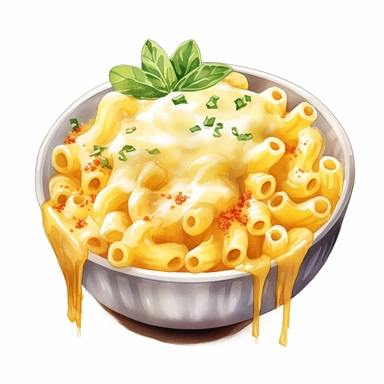 watercolor ultra realistic and hyper detailed illustration of a Macaroni and cheese with a creamy cheese sauce, clipart, white background