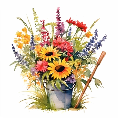 Watercolour Meadow-Inspired bouquet Extra large, Create a meadow-inspired arrangement by combining native UK and American flowers that bloom in meadows, Mix cowslips, cornflowers, and red campions from the UK with black-eyed Susans, goldenrods, and butterfly weeds from Americaplanted in a Metal wheelbarrow watercolour flower arrangement, clipart, vector, intermingled with greenery, white background, no captions, no vase, flower bed setting, aspect 2:2 repeat 5
