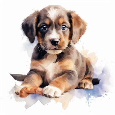 Watercolor puppy playing, with cuddly toy bone Clipart - cute puppy , Colour of brindle brown and cream, white background, vector art, high definition, clip art, ar 2:2