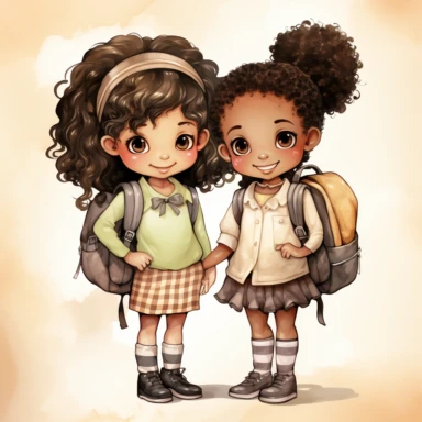 watercolor hand drawn ,Cute little African American girlschool , best friends ,with backpack and book, full body, Cartoon, Sublimation Clipart,illustration style, high solution, png transparent background, white background for removing background - - no text shadow font watermark