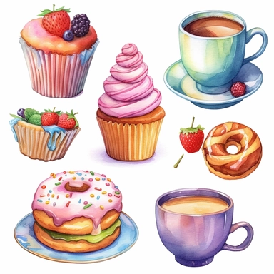 Watercolor style, rainbow colour, cake, pie, coffee, donuts and florals variations, hyper realistic detailed clipart, 4 on a page, on a white background