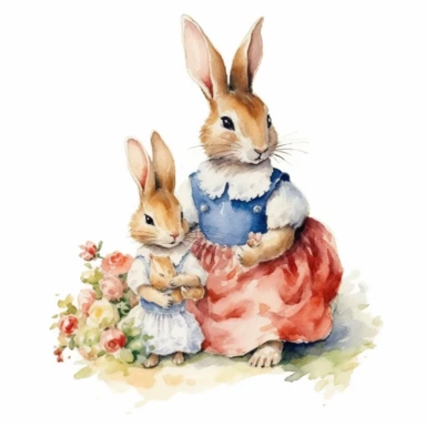 detailed watercolor illustration of cute mother bunny wearing a dress, sitting with cute baby bunnies on her lap, side view, anthropomorphic, model pose, clipart, plain isolated white background, 8k ultra detail high sharpness