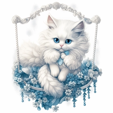 make a clipart of beautiful fairytale fluffy white victorian cat on a swing with bright blue colors