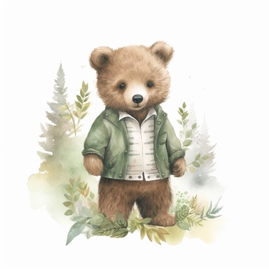 little baby, brown bear,neutral nursery art,cute bear, baby clothes, cotton clothes,intricate,disney, baby light green,baby light blue, baby light ocher,hairy, cotton, beautiful trees,enchanted Forest,realism, watercolor painting, enchanted Forest, solid background, white background, vintage outfit, oil painting, photobashing, tattoo design,clipart--v 5