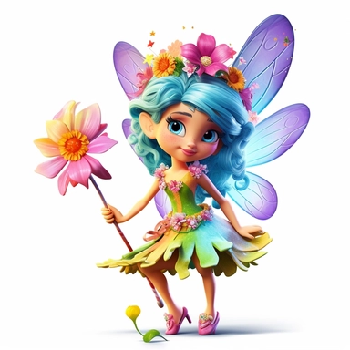 A 3D brightly colored cartoon character design of a tiny fairy with butterfly wings, wearing a flower dress, and a wand, with high detail, clipart stickers