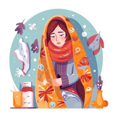 clipart vector full body image of a girl wrapped in a blanket with a fever , thermometer in her mouth with high temperature and shivering with chills and virus images surrounding her with a white background