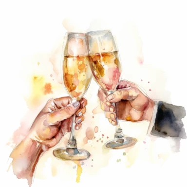 Wedding Toast Clipart: This watercolor piece illustrates a memorable wedding toast, with champagne bottles and flutes raised in celebration. soft pastels