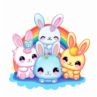 create a kawaii clipart set of 4 featuring very cute kawaii bunnies with a rainbow friend. Add a very charming expression to them. White background