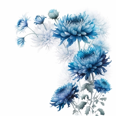 detailed vibrant watercolor rectanglular blue chrysanthemum flower border with border line and with wide middle white space , isolated on white background, realistic, clipart