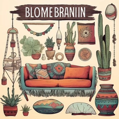 Bohemian Home Decor: Create clipart depicting bohemian-inspired home decor items like colorful rugs, throw pillows, tapestries, lanterns, succulent plants, and eclectic furniture pieces. These elements can be used to enhance interior design mockups or bohemian-themed projects with vibrant colors, organic shapes, and a sense of free-spiritedness to capture the essence of bohemian decoration.