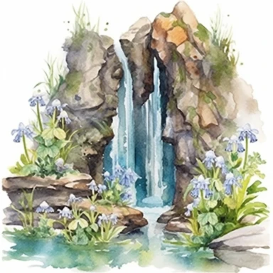Clipart, isolated on white background, beautiful cute Watercolor Spring waterfalls through the stones, forest woodland nature landscape scenery, plants and flowers, ornated, pastel colors