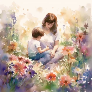 Imagine a serene garden blooming with vibrant flowers, where every petal whispers tales of love and gratitude. In this enchanting setting, create a watercolor clipart masterpiece that celebrates the beauty of motherhood and the love between a mother and son. Let your brushstrokes convey the delicate strength and nurturing spirit that mothers possess.