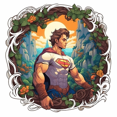 super man, close up, a sticker, artwork of t shirt graphic of majestic forest, in digital painting style , beautiful flowers, sunset mountains and clouds , big vines, stone temple covered in vines, white background, colorful fantasy flower surround, highly detailed clean, vector image, photorealistic masterpiece, professional photography, realistic, flat white background, isometric, vibrant vector, clipart, illustration, realism, 4k, , cinematic, front view, white background, paradise, extremely