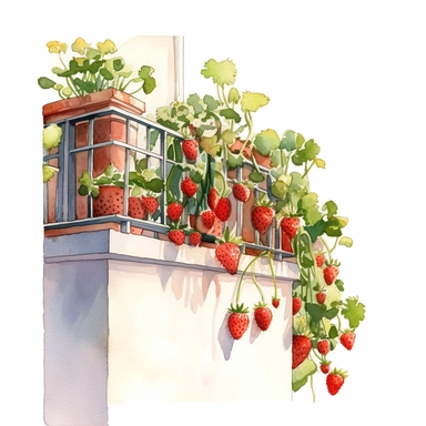 Commercial shot of ultra - realistic watercolor painting of a cute strawberry themed balcony with plants, clipart, aesthetic, good looking food, delicious, yummy, foodie, healthy, white background no text, isolated on white, watercolor illustration, award winning, strong and sharp lines