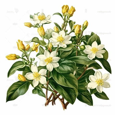 carolina yellow jasmine, white background, vintage painting, clipart