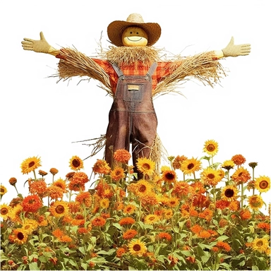 a traditonal straw-filled scarecrow with arms out stretched wide guarding a garden, autumn colors, clipart with a white background, clearly defined separate image, high quality--ar3:4-no mockups, watermarks, numbers, writing, letters--q2--v5.1--s1000