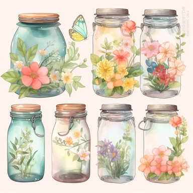watercolor 1 dozen jars, decorated with flowers, plants, leaves, inserted into glass jars vividly bold designs png Full body realistic cartoon in 32K UHD cute. 15 cm thick outline. Black color. There was no shadow on the ground. 8k with realistic watercolors. and detailed illustrations. PNG clipart, transparent white background