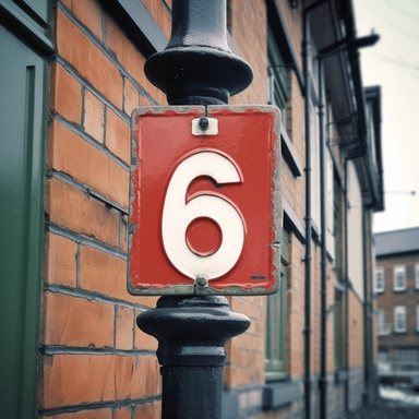 clipart illustration, realistic, photorealism, photo, extreme close-up, house number, 6, six, enamel street sign, Europe,