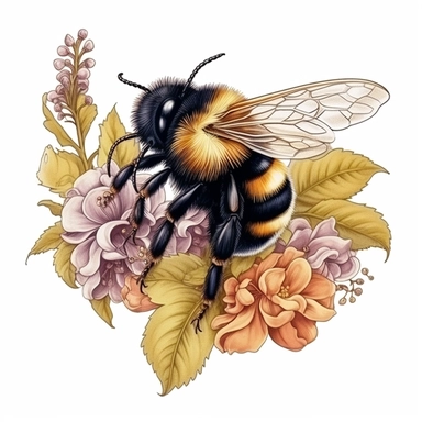 Fluffy Bumblebee on a flowering grapevine, highly detailed, acrylic paint, 16k, realistic, isolated on a white background, clipart
