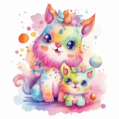 watercolor clipart of an adorable cute monster mom and baby wearing nice clothes, different lateral standing poses, perfect both ears and hands, different colors, a few flowers decor, cute cartoon animal