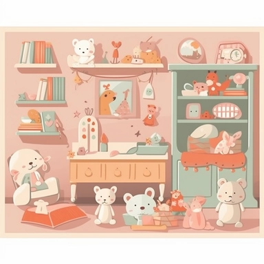 furniture, toys, books, images, flat vector clipart, nursery decor, small child, cute, children room deco