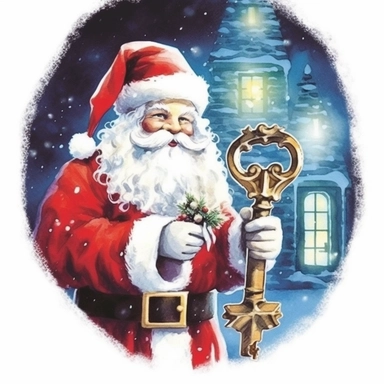Santa holding a glowing ((MAGIC DOOR KEY ? ))!!!!!! Create a magical Christmas scene with Santa holding a glowing magic key. The key unlocks the door to dreams and makes all Christmas wishes come true. The scene should be filled with snowflakes, twinkling stars, and a sense of wonder and joy. ??✨❄️ Watercolor Christmas scene with, Disney style, high - quality, dreamy and magical, 2D, incredbly high detail, Clipart style