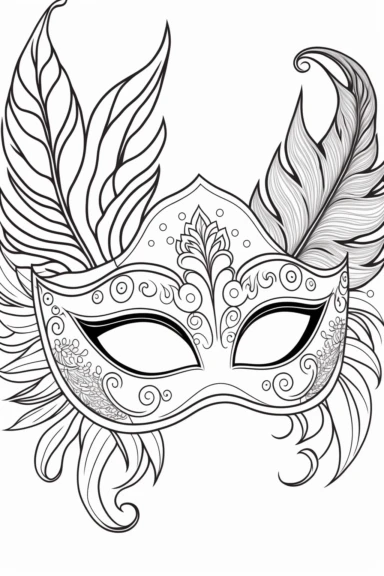 an outlined cute Mardi Gras Mask with cute feathers and cute sequins, Coloring Book for toddlers, white background, black and white, [clip art]