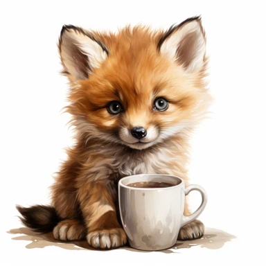 hyperrealistic ultra detailed watercolor clipart, cute baby fox with a coffee mug, white background, in the style of digital print, clipart, illustration, sticker, ultra high definition, rich details, 32K, HD