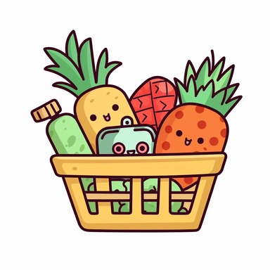 clipart of a cute shopping basket with grocery, chibi style white background