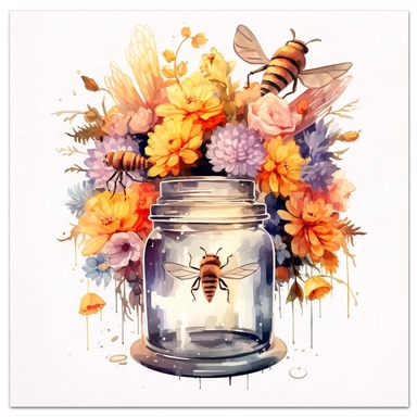 CLIPART OF AN AQUAREL PAINTING of a honey jar and bees surrounded by colored flowers, white background, hyperrealistic, studio light, 8K highly detailed, neon pastel color palette, retrofuturpunk, scattering, black and white balance, editorial photography